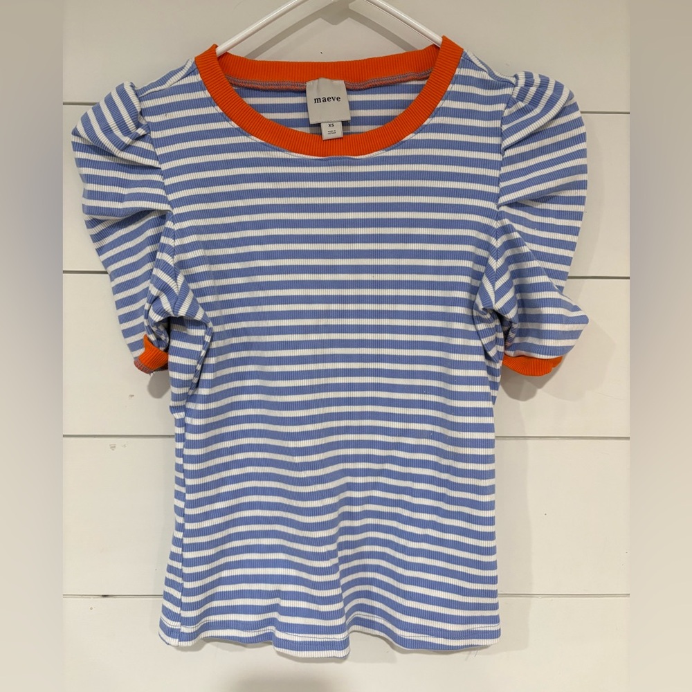 Striped Puff Sleeve Top with Orange Accents